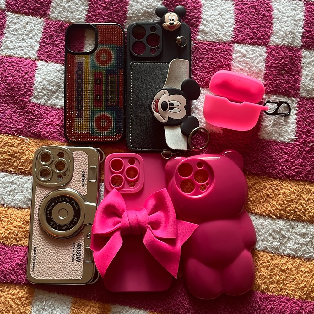 Pink and Black iPhone Cases with Mickey and Bear Designs